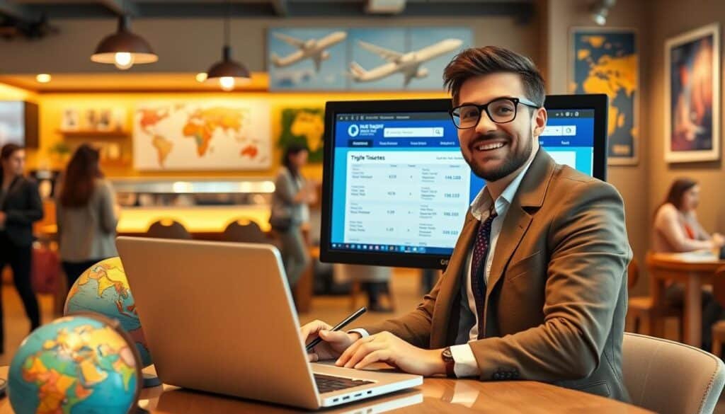 A vibrant travel scene showcasing an enthusiastic traveler, dressed in smart casual attire, sitting at a large computer monitor with flight booking websites open, displaying low-cost airline tickets. In the foreground, a laptop with images of popular travel destinations and a globe beside it. The middle ground includes a cozy coffee shop setting with bustling people, enhancing the atmosphere of planning and excitement for a future trip. The background captures a warm, inviting ambiance with soft lighting, displaying travel-related decor such as maps and posters of airplanes. The mood is optimistic and focused, embodying the anticipation and joy of planning a trip while highlighting the importance of early booking in securing affordable flight tickets.