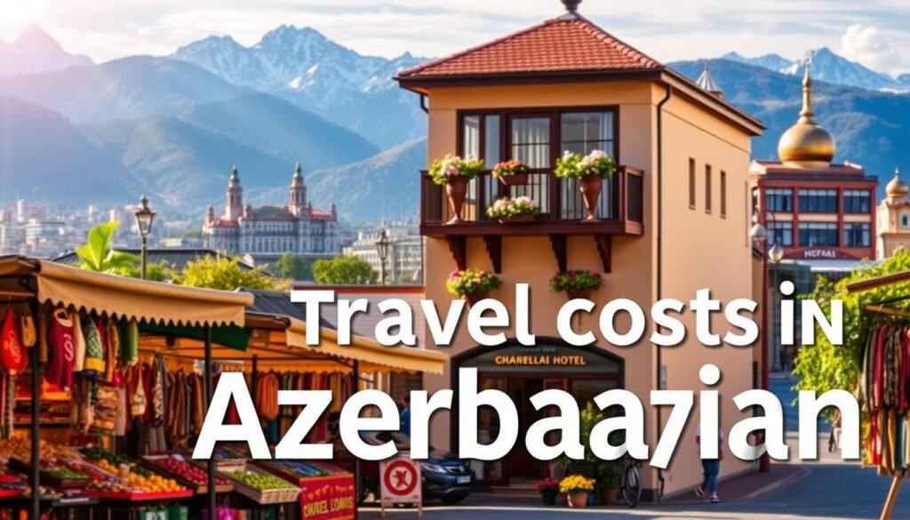 A visual representation of travel costs in Azerbaijan, focused on a picturesque street scene showcasing local markets and accommodations. In the foreground, vibrant market stalls display fresh produce, traditional crafts, and handmade souvenirs, symbolizing affordable local shopping. The middle ground features a cozy guesthouse or boutique hotel with balconies adorned with flowers, inviting travelers seeking budget-friendly lodging. In the background, majestic mountains and city landmarks highlight Azerbaijan's natural beauty and urban charm. The scene is bathed in warm, golden sunlight, evoking a welcoming and vibrant atmosphere. Ensure the image appears professional, capturing the essence of budget travel in Azerbaijan without any text or distractions.