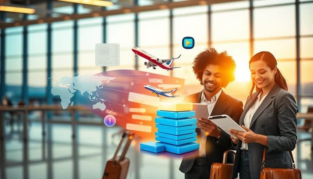 A visually appealing composition centered around the theme of earning travel miles. In the foreground, a diverse group of three professionals in modest business attire is engaged in discussion while holding travel documents and a smartphone displaying an airline loyalty app. In the middle, an array of colorful travel-related visuals, such as flight route maps, an airplane taking off, and stacked miles represented as glowing energy orbs. The background features a blurred airport landscape, emphasizing the travel context with soft golden hour lighting streaming through large windows. The atmosphere is vibrant and optimistic, reflecting excitement about travel opportunities and effective strategies for earning frequent flyer miles. The scene captures a sense of collaboration and aspiration among travelers.