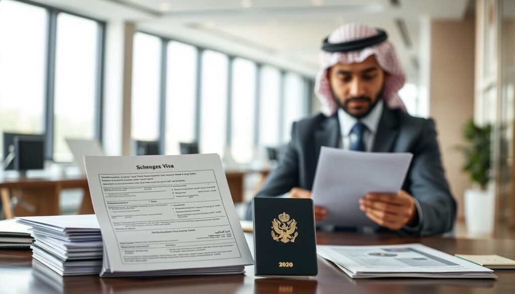 A visually engaging and informative scene illustrating the requirements for a Schengen visa for Saudis in 2026. In the foreground, display a neatly arranged collection of official documents, including a passport, visa application form, and essential travel paperwork, showcasing their details clearly. The middle ground features a well-dressed Saudi individual, either male or female, reviewing these documents with a focused expression, wearing professional business attire. In the background, an elegant office environment with soft, natural lighting filtering in through large windows creates a calm and organized atmosphere. The composition should capture a sense of preparation and opportunity, with a depth of field that softly blurs the background, enhancing attention on the foreground elements.