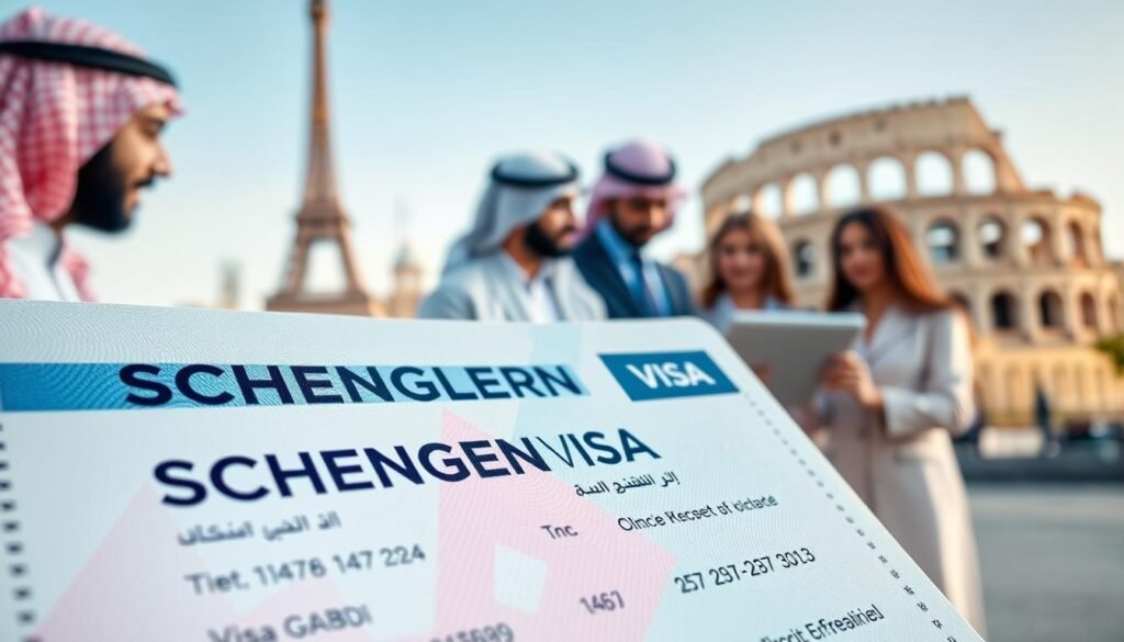 A visually engaging representation of a Schengen visa specifically tailored for Saudi citizens. In the foreground, a close-up of the Schengen visa document, showcasing its intricate design and features, with clear details of security elements. In the middle ground, include a diverse group of Saudi individuals dressed in professional business attire, discussing travel plans, looking at a digital tablet displaying travel options, and reflecting a sense of excitement and professionalism. The background features iconic European landmarks such as the Eiffel Tower and Colosseum, softly blurred to enhance focus on the visa. Warm, natural lighting creates an inviting atmosphere, capturing a moment of anticipation and hope for travel opportunities. The overall mood is optimistic and informative, encouraging exploration of available visa types.