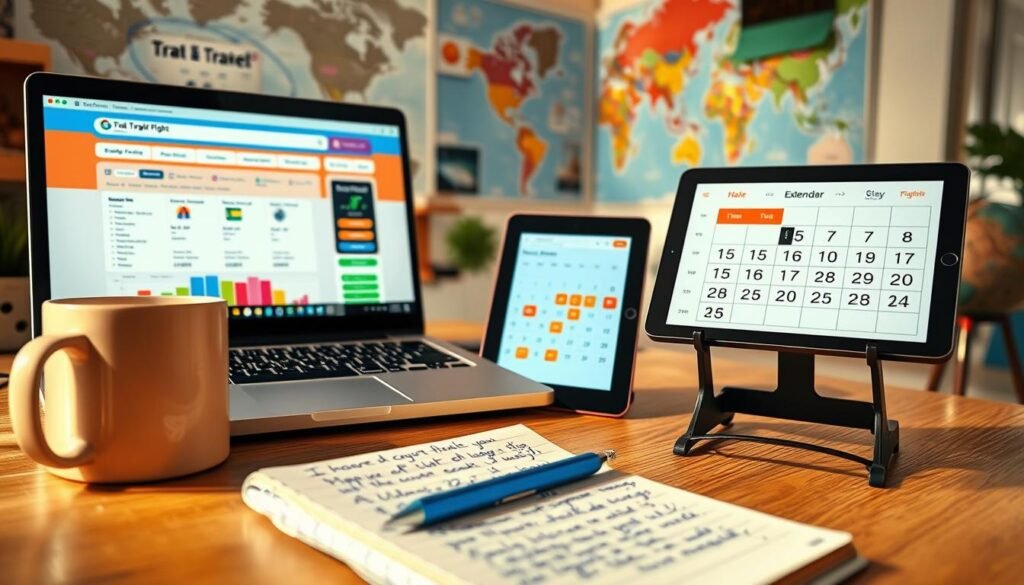 A visually engaging scene depicting the concept of booking cheap flight tickets. In the foreground, a laptop displays a vibrant flight comparison website with various affordable ticket options. Beside it, a travel mug and a notebook filled with handwritten notes on budgeting for travel. In the middle ground, a digital tablet shows a calendar with highlighted travel dates, capturing a sense of planning. In the background, a cozy, well-lit travel-themed workspace with a world map on the wall and a small globe on the desk, emphasizing exploration and adventure. The atmosphere is warm and inviting, suggesting enthusiasm for travel while maintaining a professional tone. Soft, natural lighting enhances the scene, creating a motivating ambiance.
