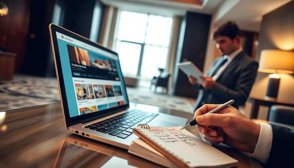 A visually striking image depicting hotel price comparison. In the foreground, a professional-looking laptop displays a vibrant website showcasing different hotel listings. Next to it, a notepad with handwritten notes on hotel prices and features. In the middle ground, a person in business attire reviews the information, appearing thoughtful and analytical. The background features a softly blurred hotel lobby, conveying the ambiance of travel and accommodation. Soft, natural lighting streams through a nearby window, creating a warm and inviting atmosphere. The angle is slightly above eye level, focusing on the laptop and the person, emphasizing their engagement in smart hotel booking strategies. The overall mood is proactive and resourceful, inspiring viewers to make informed decisions. A visually striking image depicting hotel price comparison. In the foreground, a professional-looking laptop displays a vibrant website showcasing different hotel listings. Next to it, a notepad with handwritten notes on hotel prices and features. In the middle ground, a person in business attire reviews the information, appearing thoughtful and analytical. The background features a softly blurred hotel lobby, conveying the ambiance of travel and accommodation. Soft, natural lighting streams through a nearby window, creating a warm and inviting atmosphere. The angle is slightly above eye level, focusing on the laptop and the person, emphasizing their engagement in smart hotel booking strategies. The overall mood is proactive and resourceful, inspiring viewers to make informed decisions.