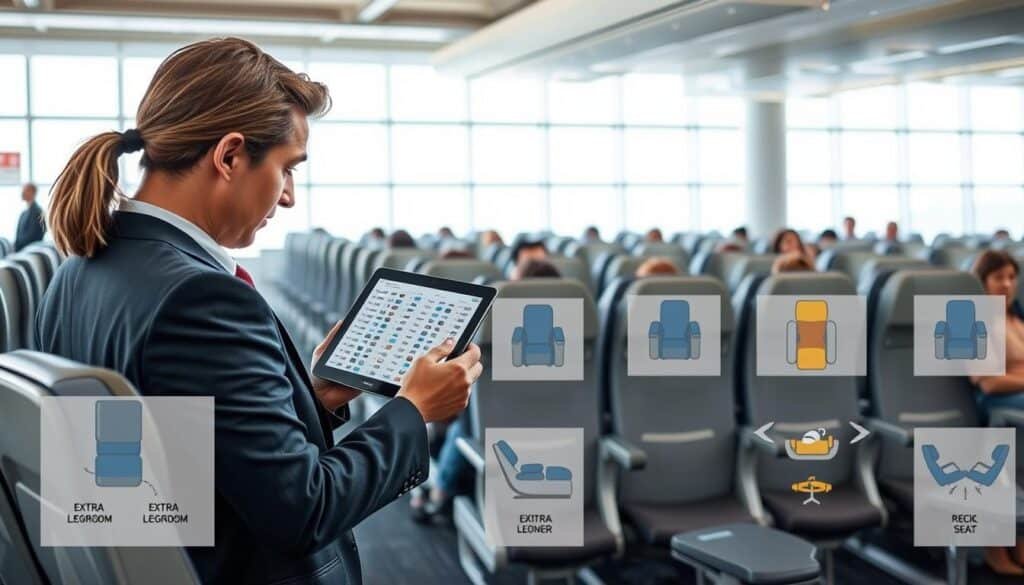 A well-organized airport seating area with various airplane seats illustrated in detail, showcasing features like extra legroom and recline options. In the foreground, a person in professional business attire carefully examines a flight seat map on a tablet, looking thoughtful and engaged. In the middle, neatly arranged airplane seats are populated by diverse individuals, demonstrating relaxed postures and comfort as they anticipate their flights. The background features a bright, airy airport terminal with large windows illuminating the scene with natural light, creating an inviting atmosphere. Use a slightly elevated angle for a dynamic perspective, emphasizing the overall travel ambience, while maintaining a focus on the individual’s decision-making process. The mood is calm and focused, suitable for travelers preparing for long flights.