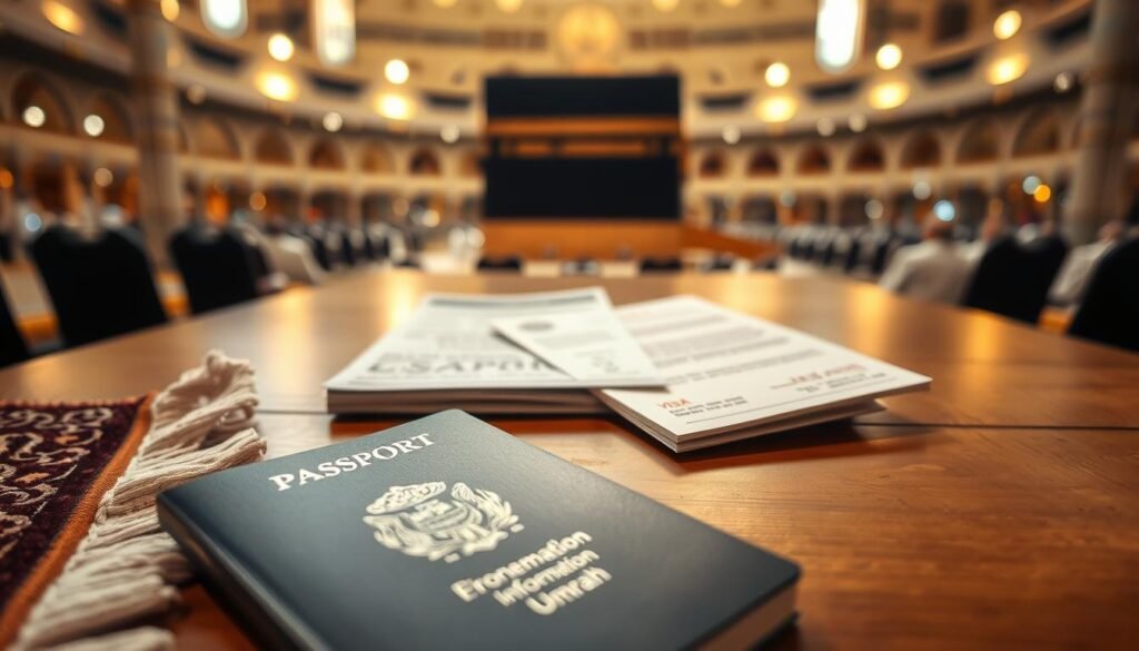 A well-organized display of essential documents for Umrah, showcasing a passport, visa, and health certificate spread out on a wooden table. In the foreground, a close-up of the passport with detailed stamps, alongside an Islamic prayer rug subtly visible at the edge. In the middle, the health certificate neatly arranged next to an information booklet about Umrah. The background features a blurred silhouette of the Kaaba, hinting at the religious significance without overpowering the main subject. Soft, warm lighting enhances the inviting atmosphere, creating a sense of reverence and preparation. Use a focal length of 50mm for a natural perspective and ensure the scene feels serene and organized, reflecting a respectful and informative tone.