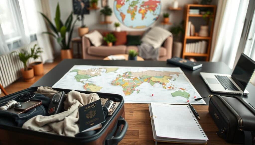 A well-organized travel preparation scene for long trips. In the foreground, a neatly packed suitcase is open, filled with clothes, travel essentials, and a passport, showcasing careful organization. A laptop and a planner are on a nearby table, indicating detailed planning and itinerary creation. In the middle ground, a world map is spread across the table, highlighting various travel destinations with colorful pins. The background features a cozy room with soft lighting, plants, and travel-themed decorations, creating a warm and inviting atmosphere. The scene should evoke a sense of excitement and readiness for travel, captured with a focus on details and clarity, using a wide-angle lens perspective at eye-level to emphasize the organized chaos of preparation.
