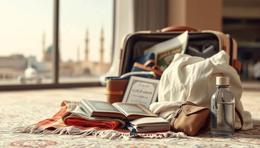 Create a visually appealing scene showcasing essential items for Umrah pilgrimage preparation. In the foreground, display neatly organized travel essentials such as prayer rugs, Ihram garments, a Quran, a travel guidebook, a water bottle, and a small closed bag. In the middle ground, include a suitcase partially packed, with some of the essentials slightly visible. The background should portray a serene travel ambiance, featuring hints of a diversity of travel locations—perhaps a glimpse of an airplane window or a softly blurred landscape. Use soft, natural lighting to create a warm and inviting atmosphere, with a focus that highlights the arranged items clearly. The mood should be one of anticipation and serenity, perfect for illustrating the concepts of spiritual preparation and travel essentials.